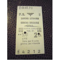 BIGLIETTO DEL TRENO CARTONATO SAVONA LETIMBRO GENOVA BRIGNOLE 1973 (M-1)
