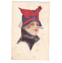 CARTOLINA ILLUSTRATORE NANNI DONNINA CON CAPPELLINO 1918 12-19