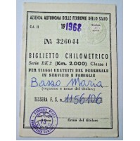 FERROVIE DELLO STATO 1968 BIGLIETTO CHILOMETRICO Km 2000 - TORINO - F.S.