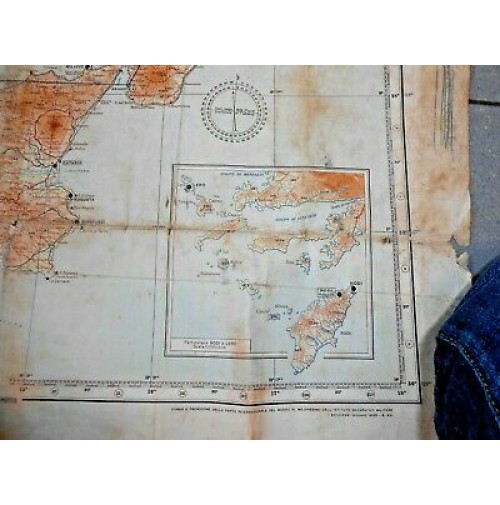 GROSSA PIANTA MAPPA CARTINA AERONAUTICA ROTTA SEGNATA LITTORIA