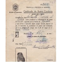 POLICIA DE LA PROVINCIA DE MENDOZA 1955 CERTIFICATO BUONA CONDOTTA POLIZIA 2-146