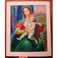 QUADRO SU CARTONCINO - ACQUARELLO - MADONNA CON BAMBINO - ANNI '50/'60