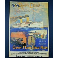 RIPRODUZIONE MANIFESTO - POSTER DI = RIVIERA DIENST GENOVA MONTECARLO NIZZA