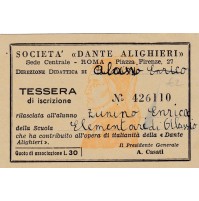 TESSERA SOCIETA' DANTE ALIGHIERI SEDE ROMA SCUOLA ELEMENTARE ALASSIO 1954 8-149