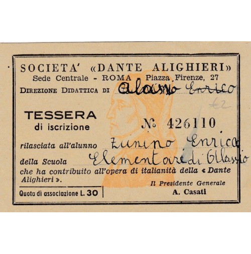 TESSERA SOCIETA DANTE ALIGHIERI SEDE ROMA SCUOLA ELEMENTARE